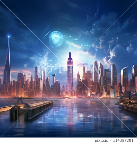 Futuristic New York City skyline with transformed iconic landmarks 114387291