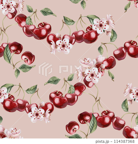 Cherry berries with flowers and leaves, watercolor floral seamless pattern on peach pink background for table textile, porcelain tableware, delicious prints, fabrics, wrapping paper and food packages Cherry berries with flowers and leaves, watercolor floral seamless pattern on peach pink background for table textile, porcelain tableware, delicious prints, fabrics, wrapping paper and food packages 114387368