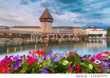 Chapel Bridge at Twilight, Lucerne, Switzerland 114387473