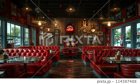 Classic American diner with red leather booths and a jukebox 114387488