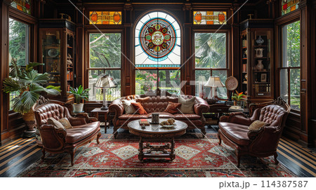 Art Nouveau inspired living room with organic lines and stained glass Art Nouveau inspired living room with organic lines and stained glass 114387587