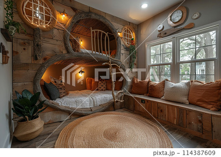 Adventure-themed kids bedroom with a loft bed and imaginative play areas 114387609