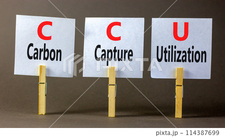 CCU Carbon capture utilization symbol. Concept words CCU Carbon capture utilization on beautiful paper. Beautiful grey background. Business ecological Carbon capture utilization concept. Copy space. 114387699