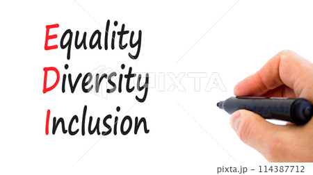 EDI equality diversity inclusion symbol. Concept words EDI equality diversity inclusion on white paper. Beautiful white background. Business EDI equality diversity inclusion concept. Copy space. 114387712
