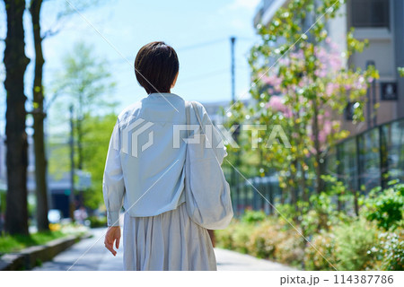 ショッピングバッグを持って街を歩く女性の後ろ姿 ショッピングバッグを持って街を歩く女性の後ろ姿 114387786