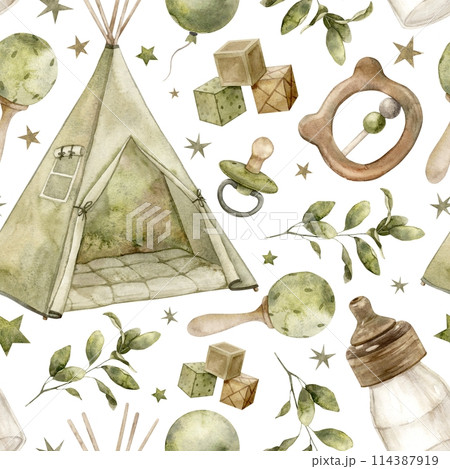 Baby watercolor pattern with wigwam, milk bottle, rattles, cubes, pacifier and plants on a white background. Isolated hand drawn illustration for children's interior, cards, stickers, textiles, design Baby watercolor pattern with wigwam, milk bottle, rattles, cubes, pacifier and plants on a white background. Isolated hand drawn illustration for children's interior, cards, stickers, textiles, design 114387919
