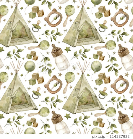 Baby watercolor pattern with wigwam, milk bottle, rattles, cubes, pacifier and plants on a white background. Isolated hand drawn illustration for children's interior, cards, stickers, textiles, design 114387922