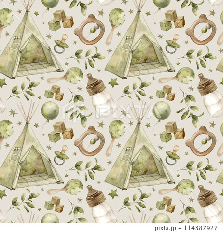 Baby watercolor pattern with wigwam, milk bottle, rattles, cubes, pacifier and plants on a beige background. Isolated hand drawn illustration for children's interior, cards, stickers, textiles, design Baby watercolor pattern with wigwam, milk bottle, rattles, cubes, pacifier and plants on a beige background. Isolated hand drawn illustration for children's interior, cards, stickers, textiles, design 114387927