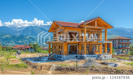 Model of a Wooden House on a Table 114387936