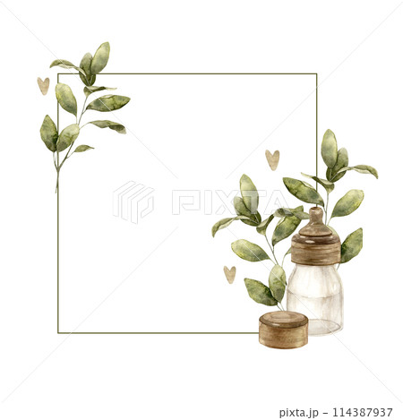 Square watercolor baby frame with milk bottle and botanical green leaves. Isolated hand drawn illustration for children's interior, cards, stickers, textiles, design, invitations 114387937