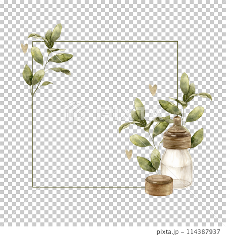 Square watercolor baby frame with milk bottle and botanical green leaves. Isolated hand drawn illustration for children's interior, cards, stickers, textiles, design, invitations 114387937