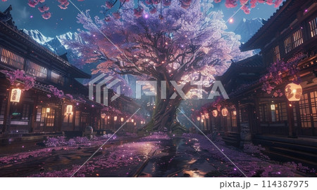 Large Tree With Pink Flowers on Street 114387975