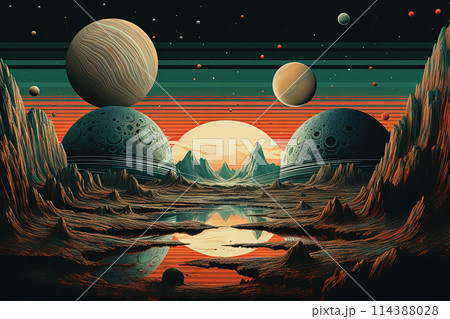 Alien planet landscape with mountains and moon...のイラスト素材 [114388028 ...