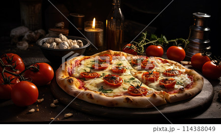 Pizza with cheese, tomatoes and other ingredients on the kitchen table. 114388049