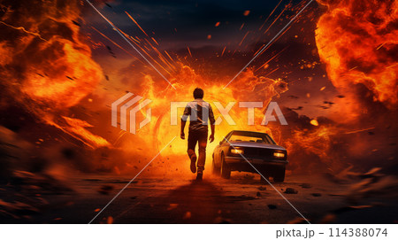Action shot with man running away from explosion on car. Dynamic scene with fire in action movie blockbuster style. 114388074