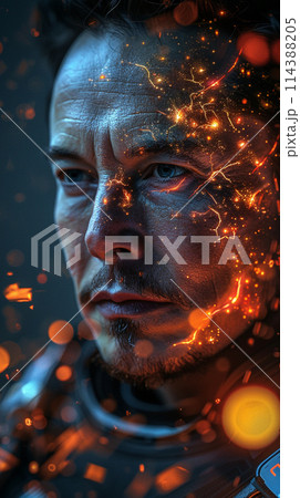 Portrait of a man. Half face in cyberspace. Artificial intelligence concept Portrait of a man. Half face in cyberspace. Artificial intelligence concept 114388205