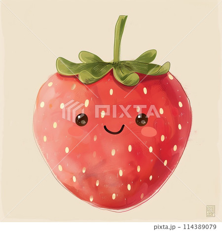 Watercolor illustration of a cute smiling strawberry on a white background. 114389079