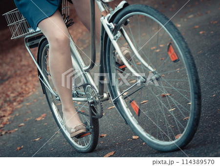 Girl in dress on bike. 114389570