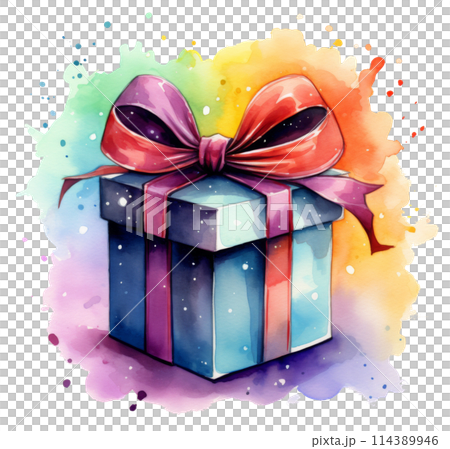 Watercolor Painting of a Gift Box With a Bow 114389946