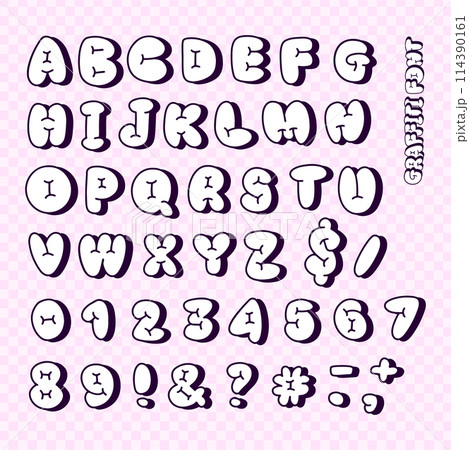 Comic vintage marker graffiti font, plump alphabet in the contour cartoon style, balloon uppercase Latin letters and numbers. Hand drawn vector illustration. Comic vintage marker graffiti font, plump alphabet in the contour cartoon style, balloon uppercase Latin letters and numbers. Hand drawn vector illustration. 114390161