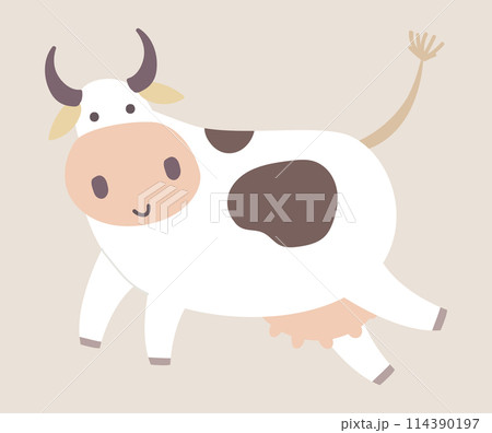 Cute spotted cow with udder in flat design. Domestic animal livestock farm. Vector illustration isolated. 114390197