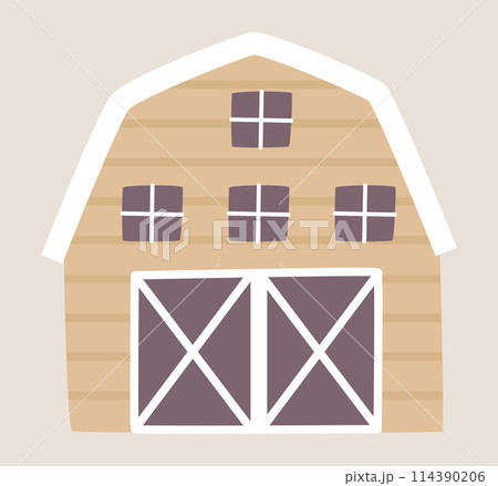 Wooden farming barn in flat design. Countryside farmhouse exterior with gates. Vector illustration isolated. Wooden farming barn in flat design. Countryside farmhouse exterior with gates. Vector illustration isolated. 114390206