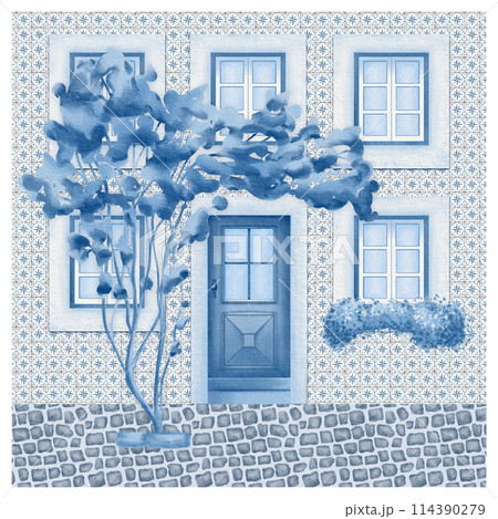 A European house with azulejos square ceramic tiles on architectural facade and stone paving as souvenir postcard.With old wooden door,windows,flowers bougainvillea.In monochrome blue and white 114390279
