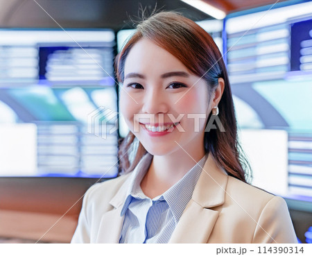 にこやかにニュースを伝える女性キャスター_2 114390314