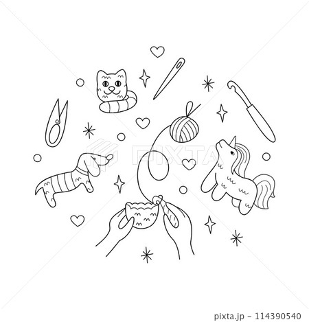 Knitting amigurumi, knitted toys and tools. Doodle outline vector black and white illustration. Knitting amigurumi, knitted toys and tools. Doodle outline vector black and white illustration. 114390540