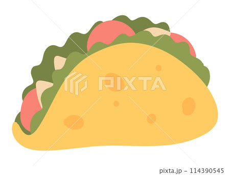 Tacos in tortilla in flat design. Mexican fast food menu for takeout dinner. Vector illustration isolated. 114390545