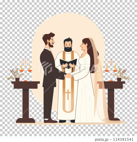 A Marriage Ceremony Uniting A Man And Woman As They Clasp Hands, Standing Beside The Altar Adorned With A Candlestick. A Union Of Devout Catholics Seeking Matrimony And The Blessing Of The Holy 114391541