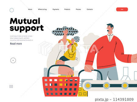Mutual Support: Skip ahead in line -modern flat vector concept illustration of man letting woman with child go ahead in shop checkout line A metaphor of voluntary, collaborative exchanges of services 114391809