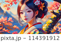 紅葉を背景にした着物の女性 114391912