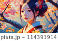 紅葉を背景にした着物の女性 114391914