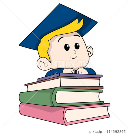 little boy wearing a graduation cap is hanging out with a science book 114392865