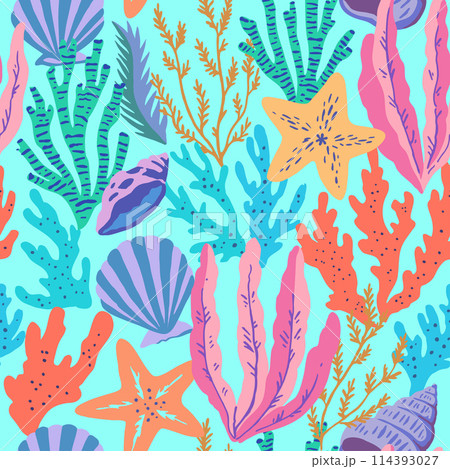 Seamless pattern with colorful sea elements, corals, seaweeds, shells and sea stars. Vector illustration. 114393027