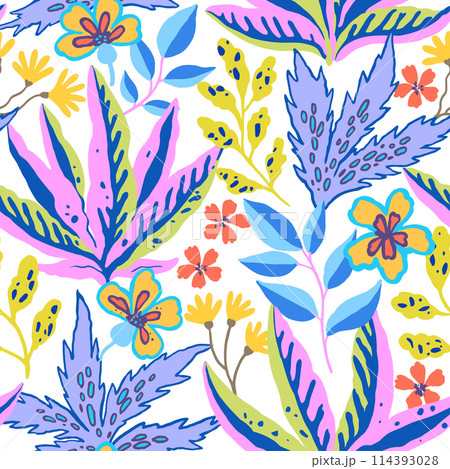 Colorful tropical seamless pattern. Abstract psychedelic motif with plant and floral elements. Joyful print for design. Vector illustration 114393028