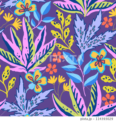 Colorful tropical seamless pattern. Abstract psychedelic motif with plant and floral elements. Joyful print for design. Vector illustration 114393029