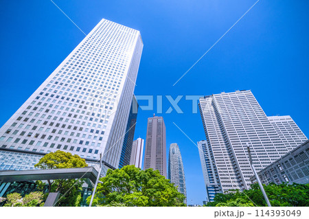 日本の東京都市景観　新宿副都心のオフィスビル群などを望む＝4月28日 114393049