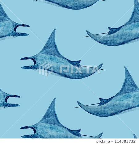 Manta ray watercolor seamless pattern on light blue background. High quality hand-drawn monochromatic illustration for notebooks, posters, wallpaper, textile, beach towel, wrapping paper, room decor 114393732