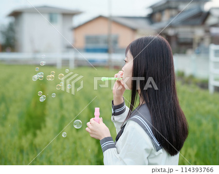 シャボン玉を吹く女子高生 114393766