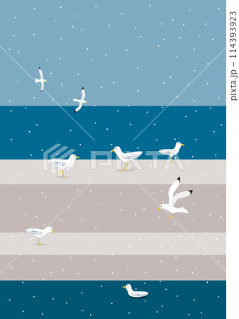 冬の海と水平線、防波堤にいるカモメのイラスト 冬の海と水平線、防波堤にいるカモメのイラスト 114393923