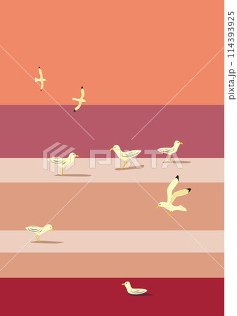 夕暮れの海と水平線、防波堤にいるカモメのイラスト 夕暮れの海と水平線、防波堤にいるカモメのイラスト 114393925