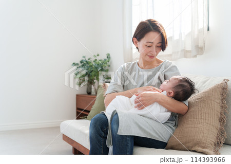 赤ちゃんを抱っこするお母さん 赤ちゃんを抱っこするお母さん 114393966