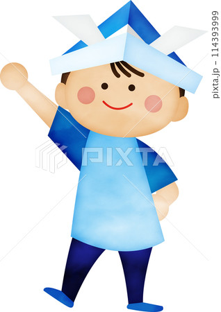 折り紙の兜を被った可愛い男の子 折り紙の兜を被った可愛い男の子 114393999