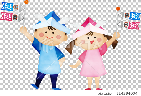 子供の日で鯉のぼりを持った可愛い子供達 114394004