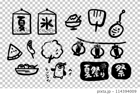 夏祭りの手描きセットイラスト 夏祭りの手描きセットイラスト 114394009
