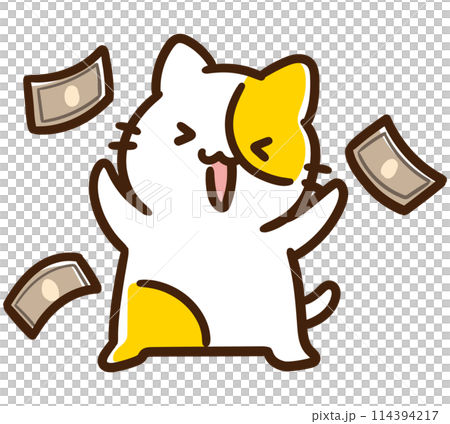 お金をばら撒くかわいいお金持ちねこのキャラクターのデフォルメイラスト お金をばら撒くかわいいお金持ちねこのキャラクターのデフォルメイラスト 114394217