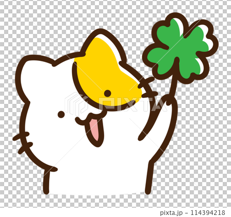 四葉のクローバーを持つかわいいねこのキャラクターのデフォルメ