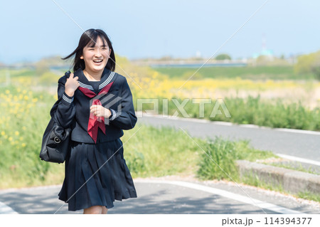 小走りに登校する女子高校生 114394377